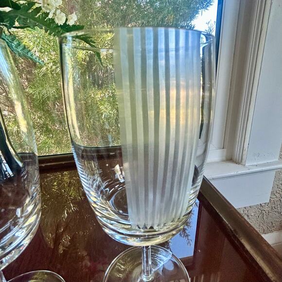 Pair of Vintage Stemmed Water Goblets with Vertical Frosted Stripes – 8” Tall - Picture 2 of 15